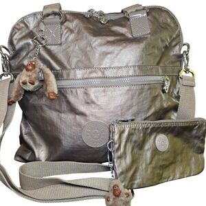 KIPLING Doris Metallic Silver Shoulder Bag Crossbody w/ Monkey Charm Pouch